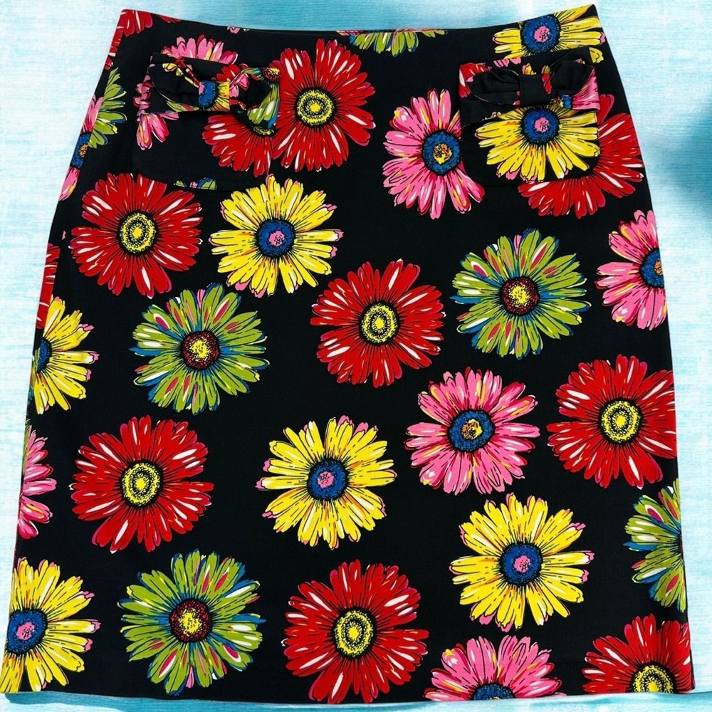 ANDREA VICCARO Black Floral Colorful Daisies COTTON Mini Pencil Skirt sz 16 Tree